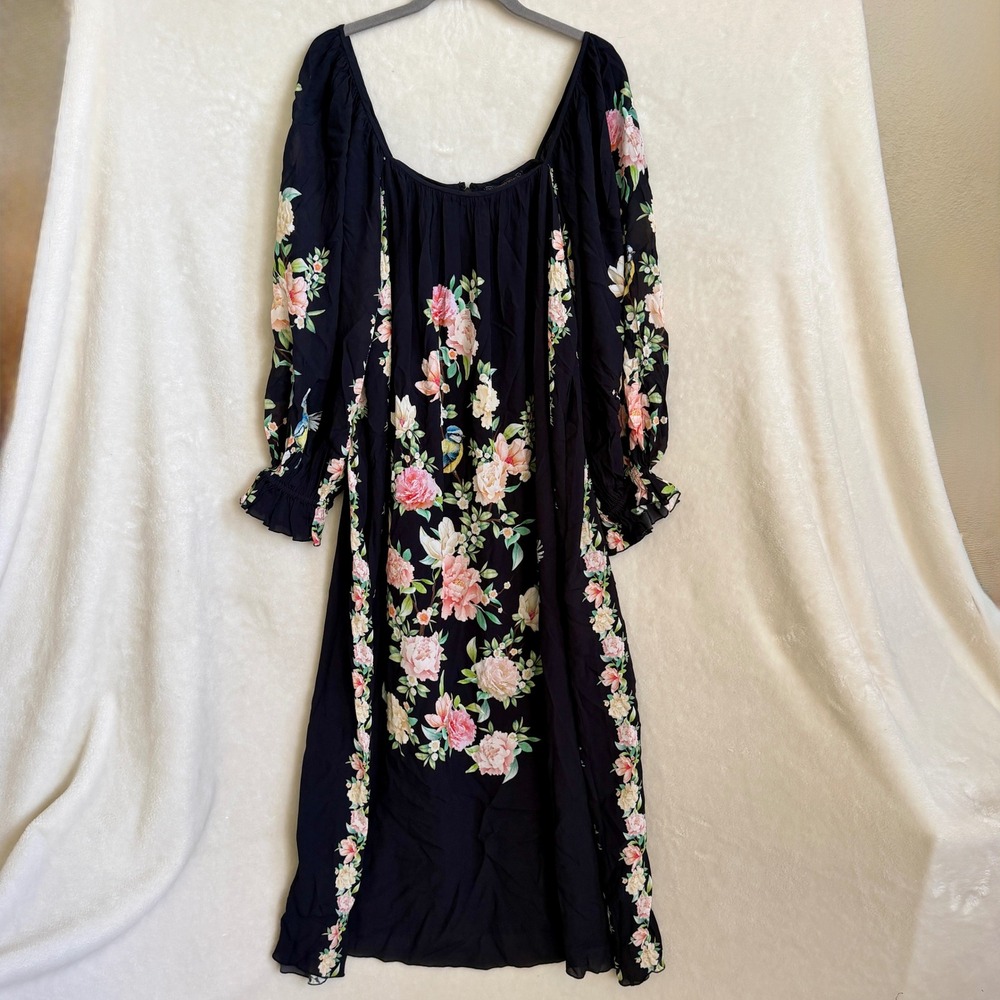 Johnny Was Jade Floral Bird Print Midi Dress Black Balloon Sleeve Womens Small